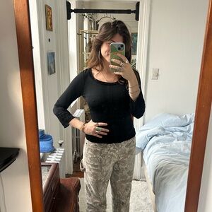 Black Top with Patterned Pants